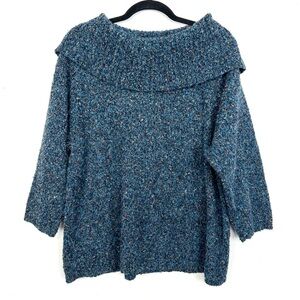 Crystal Kobe Boucle Knit Blue Fold Over Neck Sweater 2X